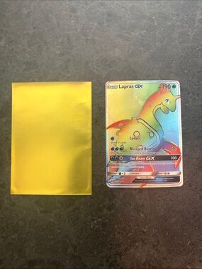 Pokemon Lapras GX Rainbow Holographic Card with Yellow Sleeve